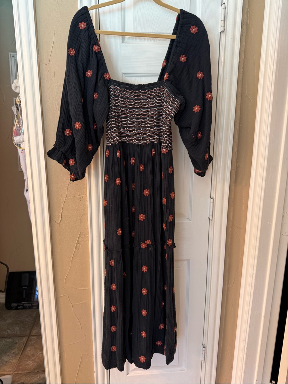 NWT Free People Black Combo Smocked Peasant Dress Medium